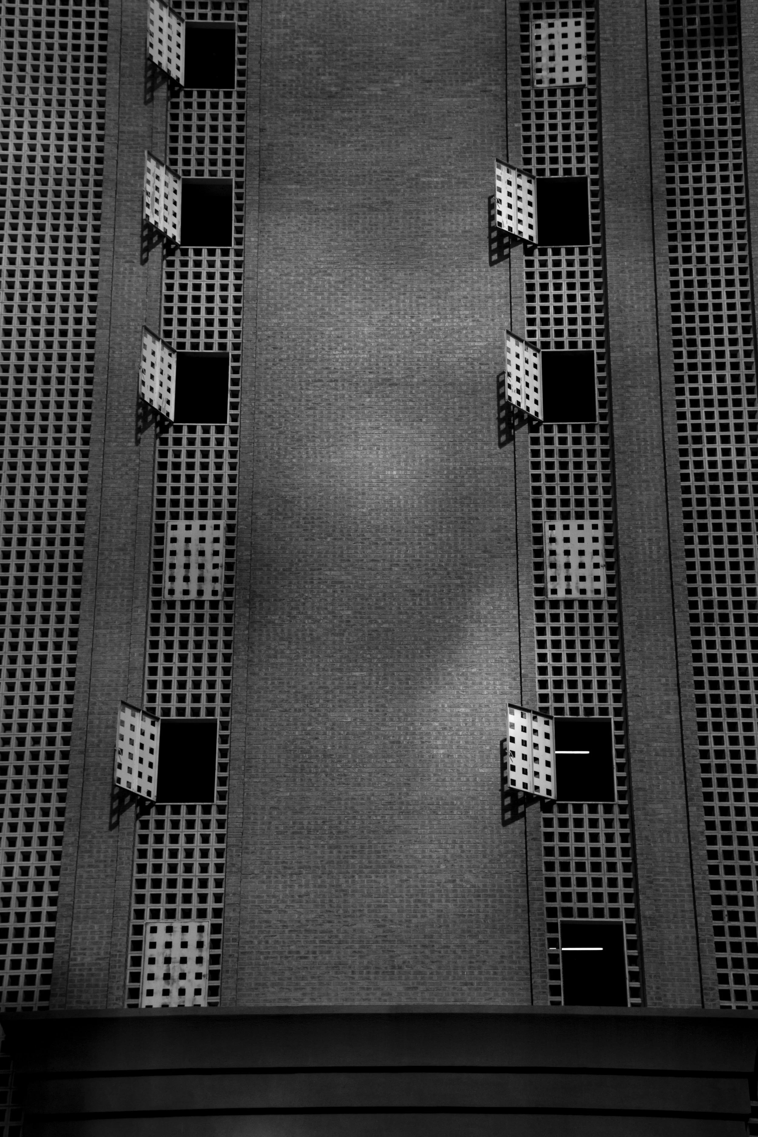 Black and white close-up of a brick building facade with windows featuring lattice panels, some open, with bird silhouettes casting shadows on the wall.