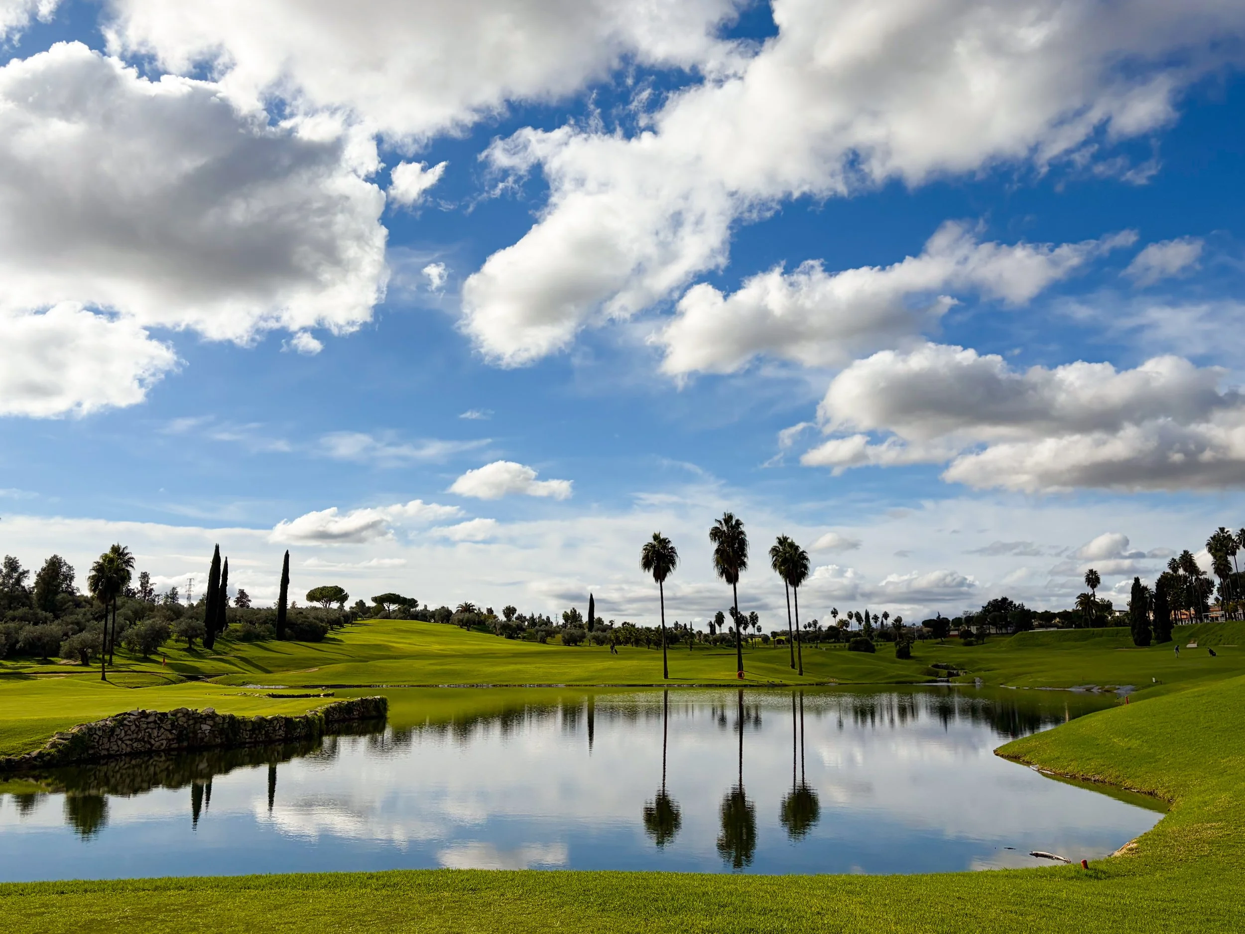 A scenic view of a golf course with well-maintained grass, palm trees, and a water hazard reflecting the partly cloudy sky with white clouds and blue patches.