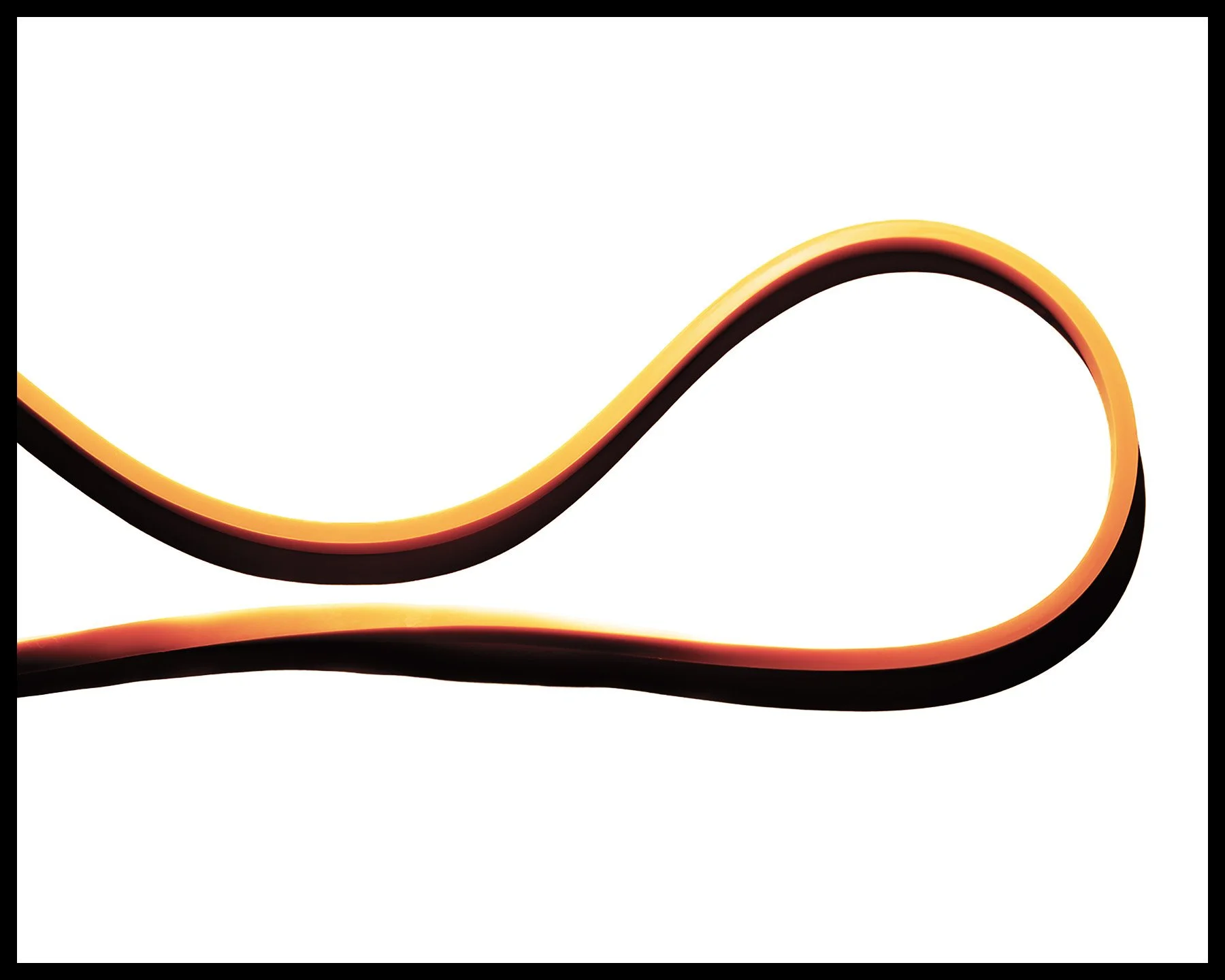 Close-up of a neon light strip with a wavy design, glowing orange and red against a white background.