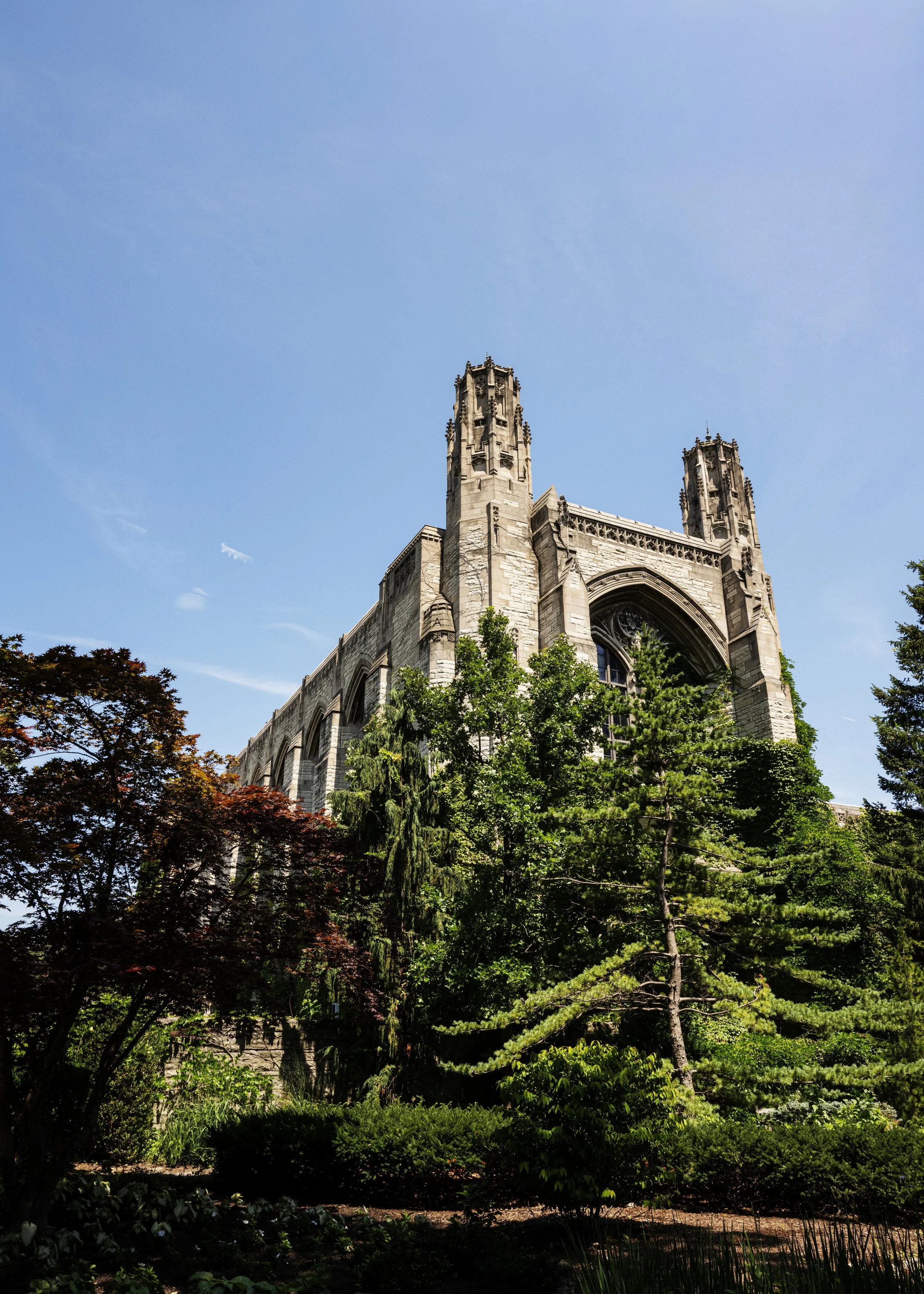 A large Gothic-style church or cathedral with two tall towers and detailed stone carvings, viewed from the garden with trees and shrubs in the foreground under a clear blue sky.