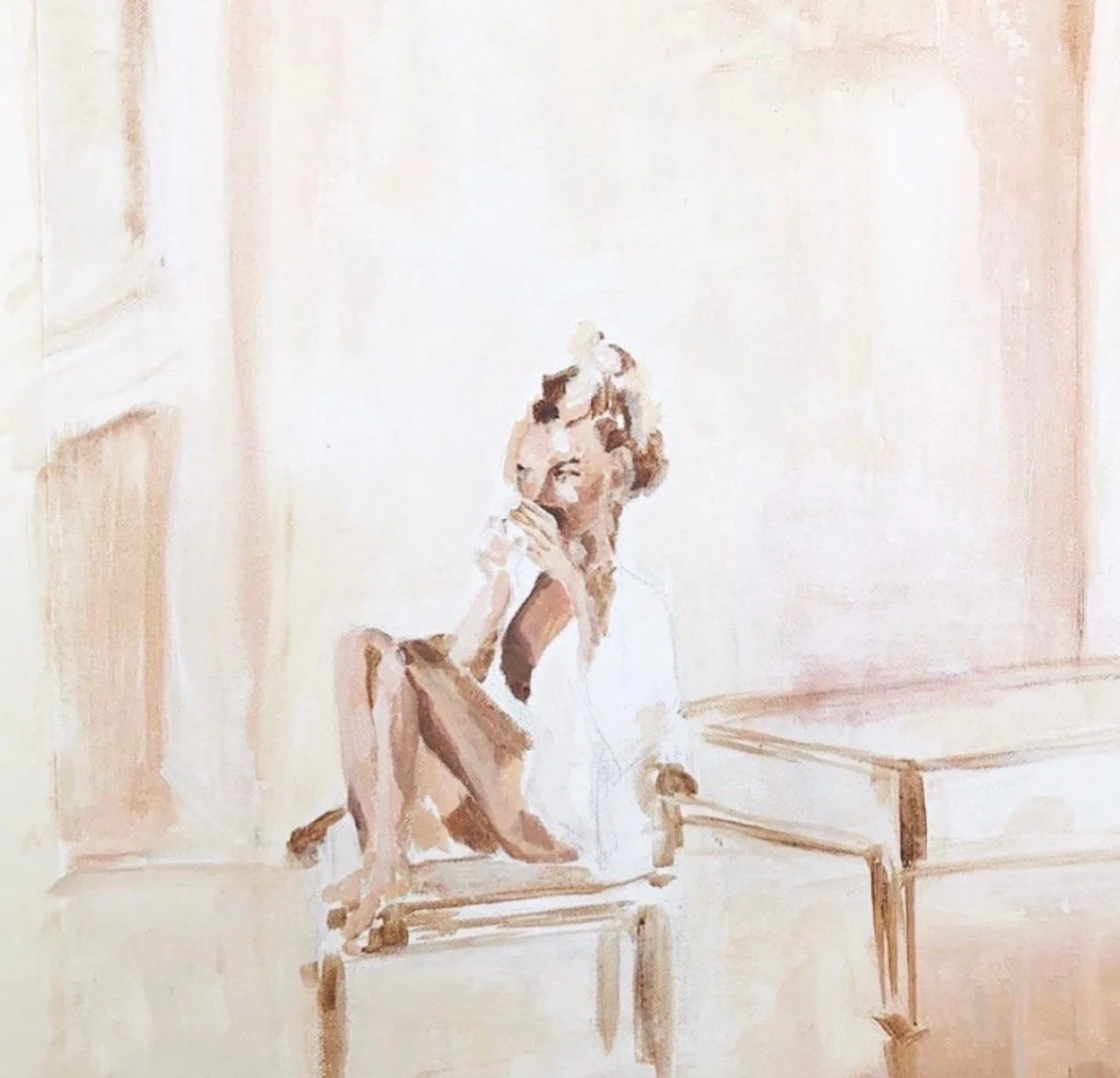 A watercolor painting of a woman with light hair sitting on a chair with her legs crossed, in a minimalist interior with light-colored walls and furniture.