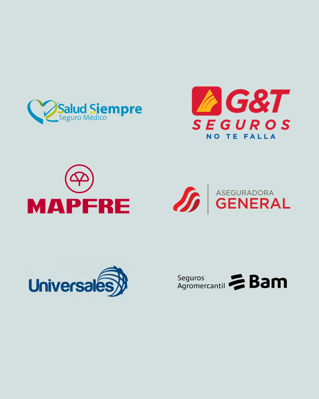 Colección de logos de diferentes aseguradoras y compañías de seguros, incluyendo Salud Siempre, G&T Seguros, MAPFRE, Aseguradora General, Universales, Bam y Seguros Agroempratil.
