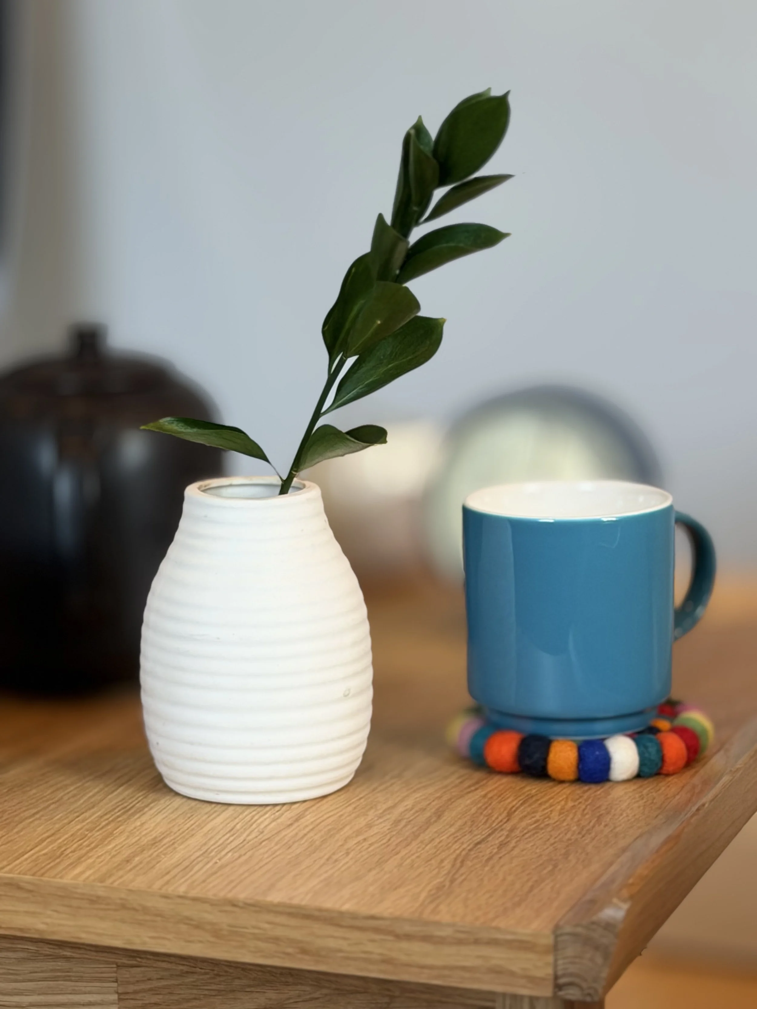 A white ceramic vase with a green leafy plant next to a blue coffee mug on a wooden table.