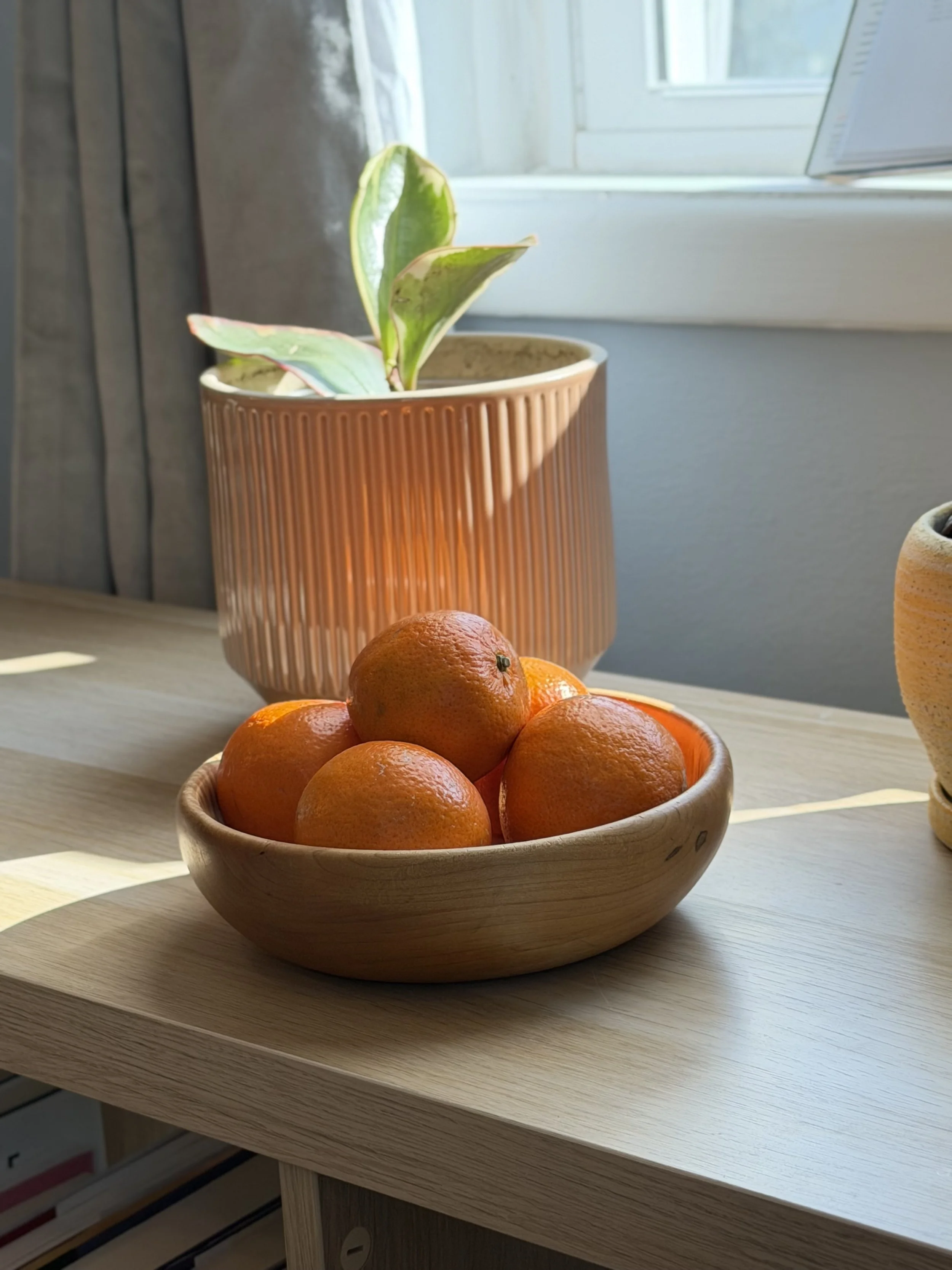 Black wooden bowl filled with oranges on a light wood table near a window. Behind the bowl, there's a pink ribbed ceramic pot with a green and white variegated plant.