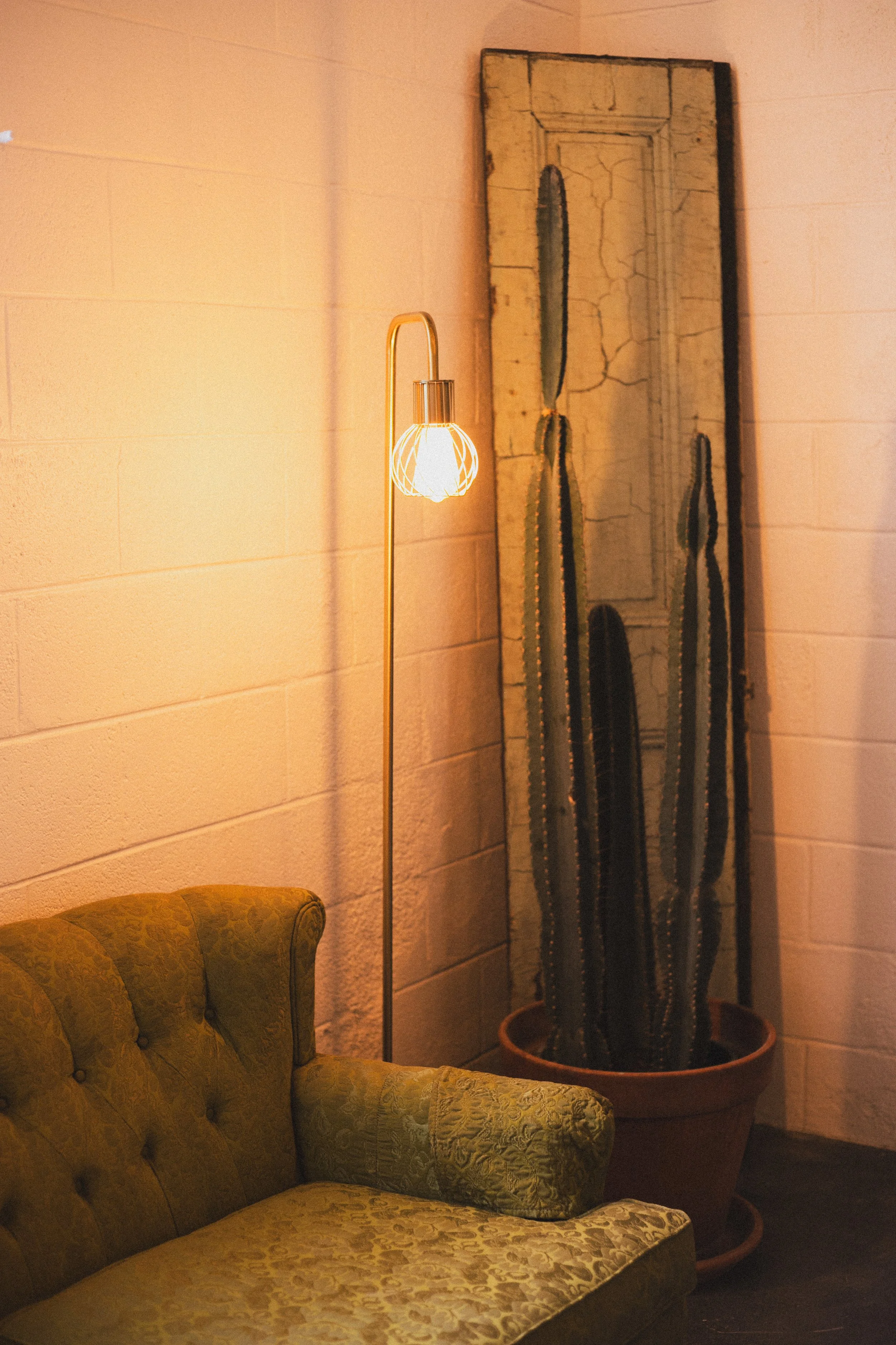 An vintage green upholstered sofa with a floral pattern next to a tall cactus plant in a large pot, with a wooden framed mirror on a brick wall and a floor lamp with a decorative shade illuminating the space.