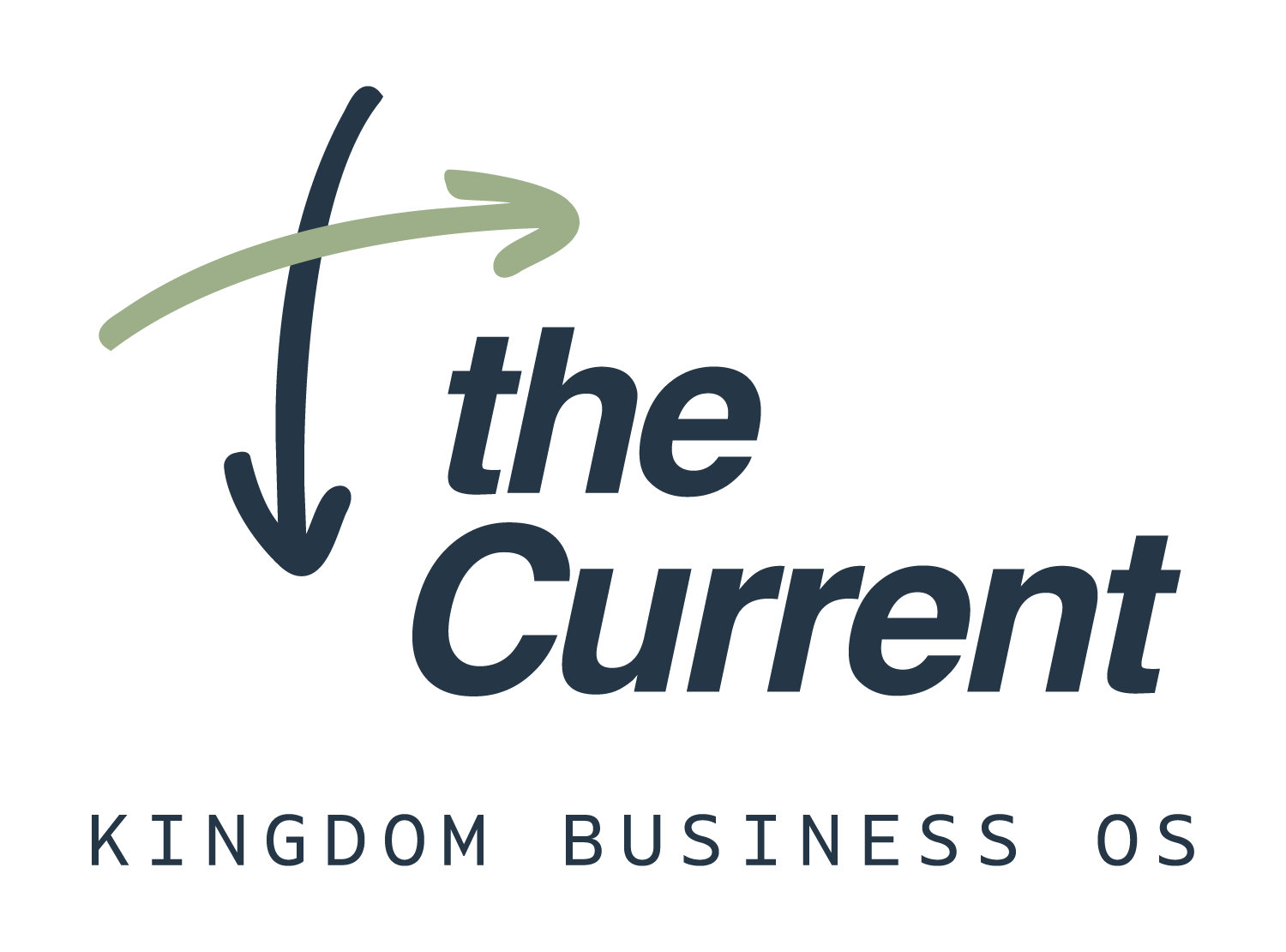 Logo for 'the Current' Kingdom Business OS with a stylized arrow curving downward and around the text.