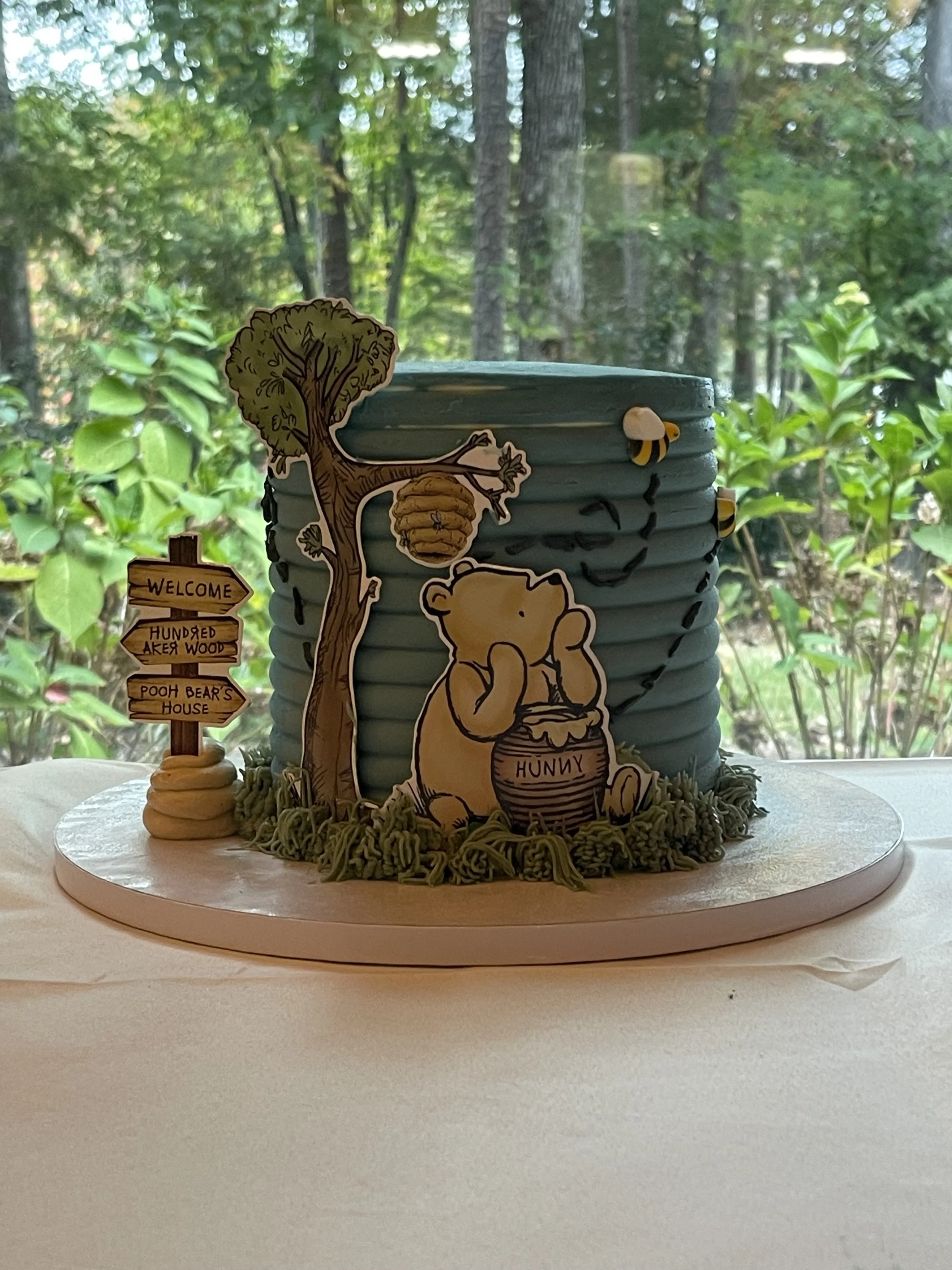 A Winnie the Pooh themed cake with a blue textured background and decorations of Pooh Bear, a honey jar, a tree with a beehive, and a signpost with directions to the Hundred Acre Wood and Pooh Bear's House, set against a window with greenery outside.