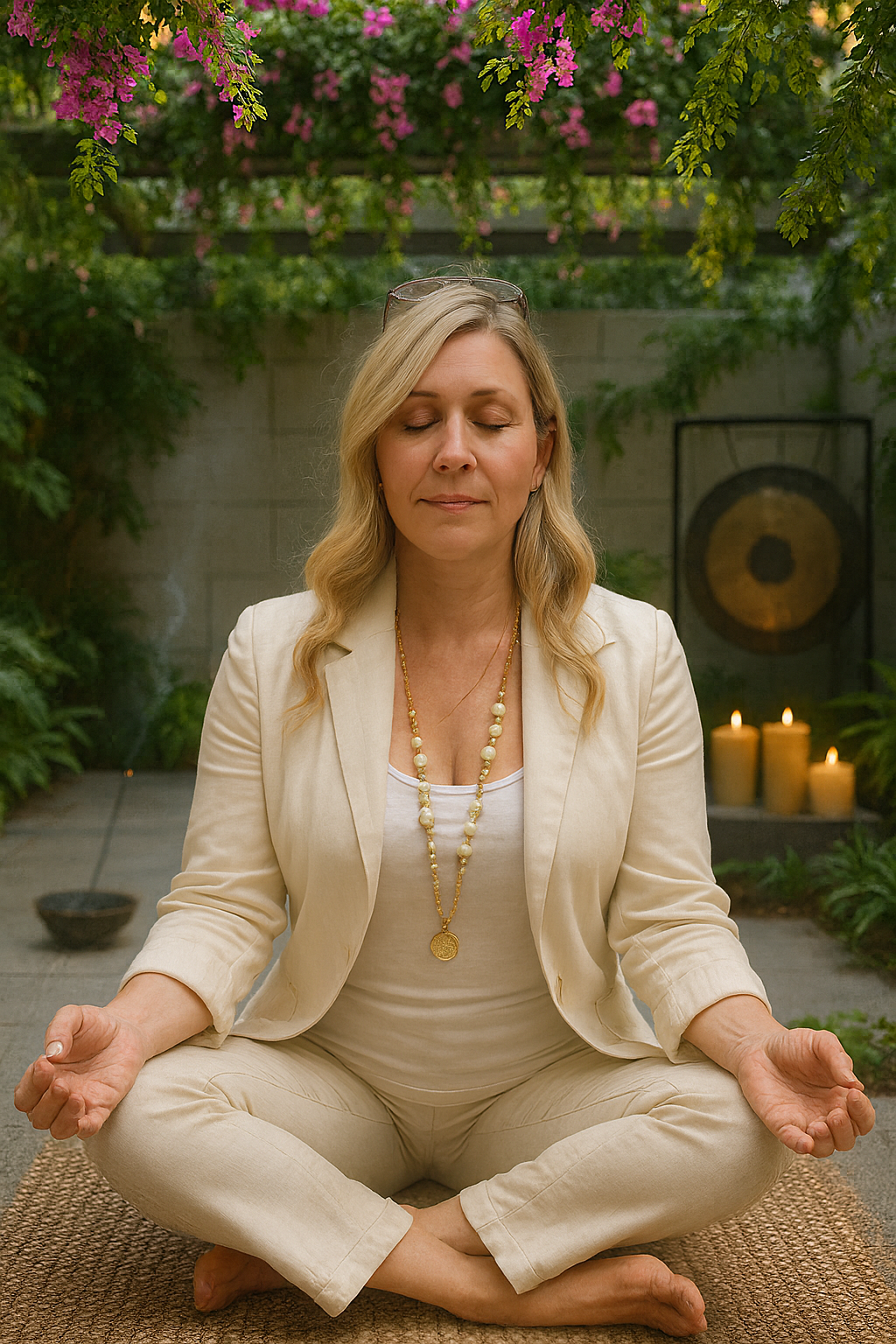 A woman with long blonde hair practicing meditation outdoors, sitting cross-legged on a mat with closed eyes. She is wearing a cream-colored suit and jewelry, surrounded by candles and lush greenery, with pink flowers overhead.