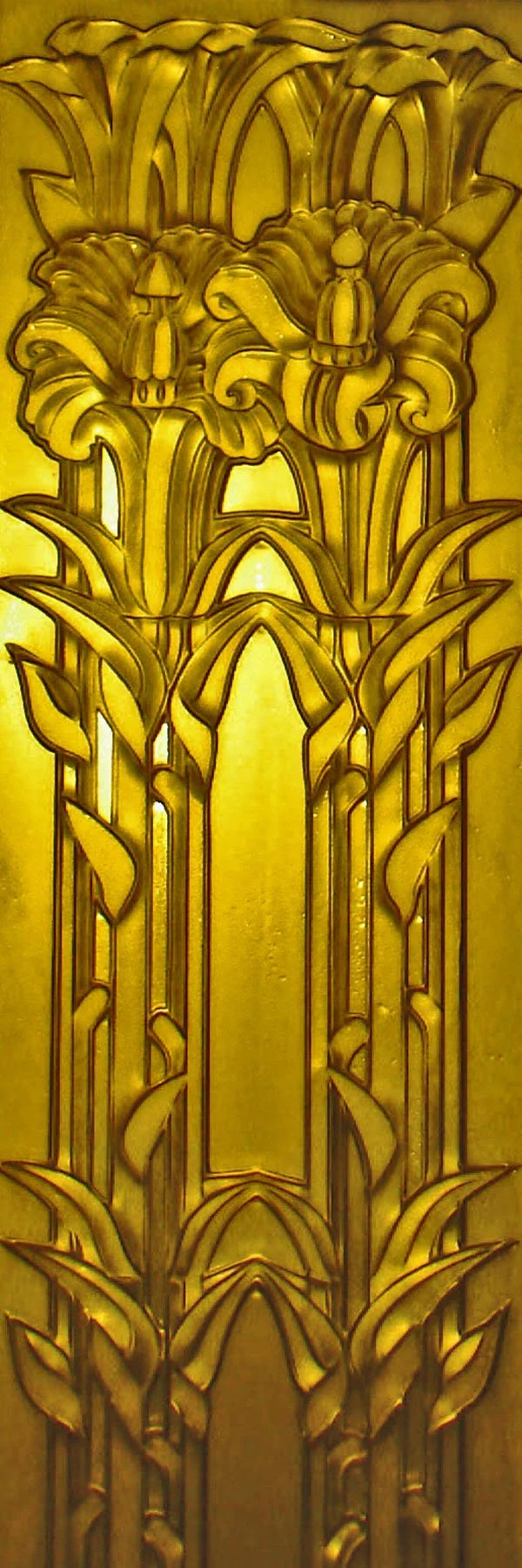 Close-up of Lalique-inspired Iris Door Panels, Carved Glass
