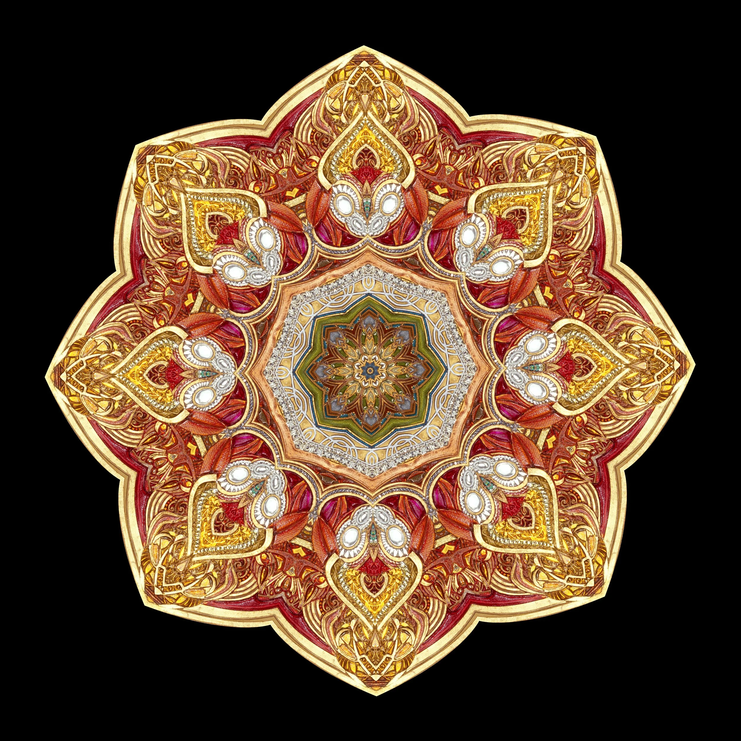 Art made from Art: these Mandalas were made by placing mirrors on selected slices of the artist’s work "The Oracle," and then rendered graphically and reproduced, first on canvas, and now glass. Mandala: "Adapazari"