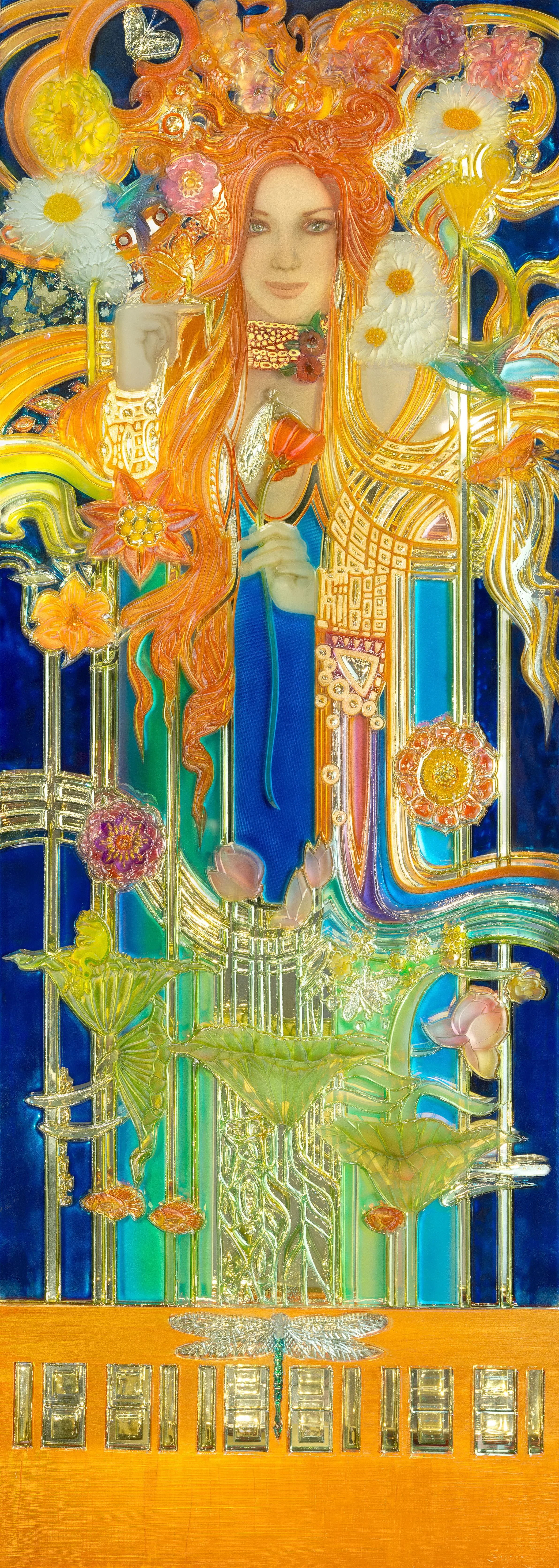 "Genesis" - Portrait of Joanne. Carved Glass, Poured Resins, Gold Leaf, 28" x 68"