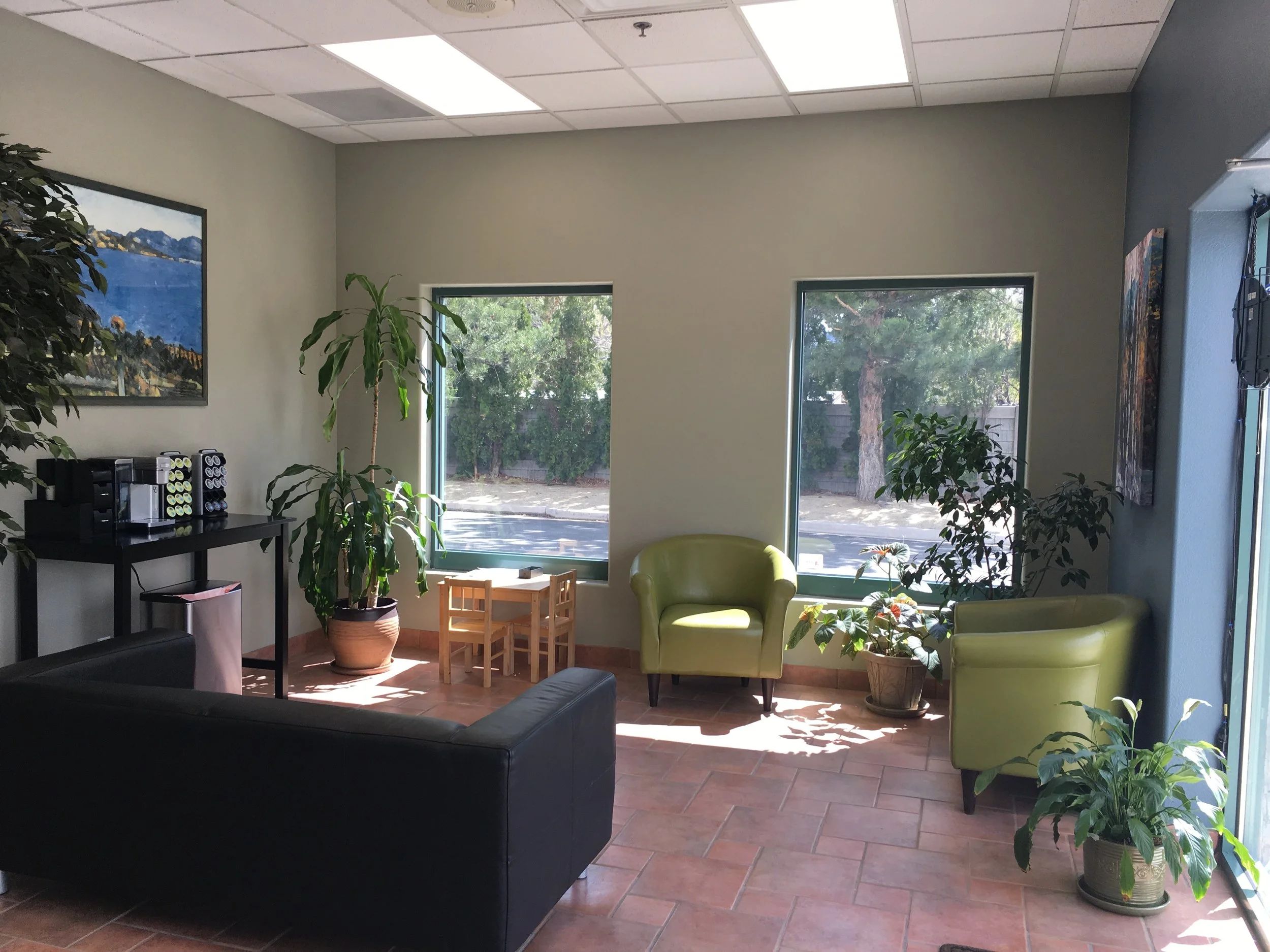 Waiting room with green chairs, potted plants, a black sofa, window view of trees and street, wall art, coffee station, and sunlight coming in.