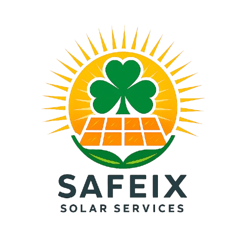 Logo for SAFEX Solar Services featuring a green four-leaf clover, a yellow sun with rays, a solar panel at the base, and the company name written below.