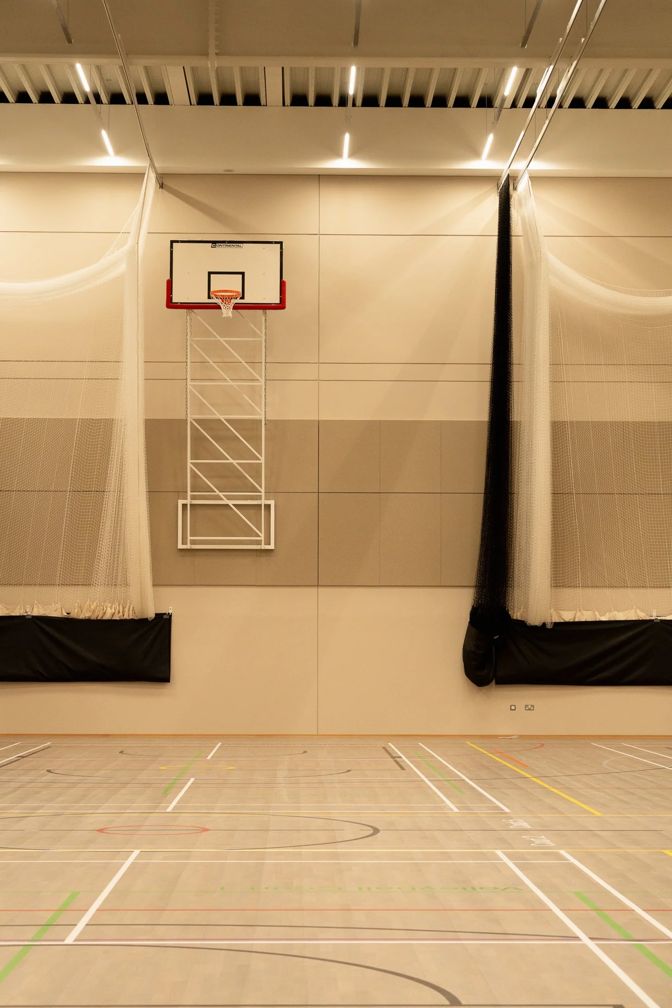 Indoor gymnasium with a basketball hoop mounted on the wall, basketball backboard, and court lines on the floor.