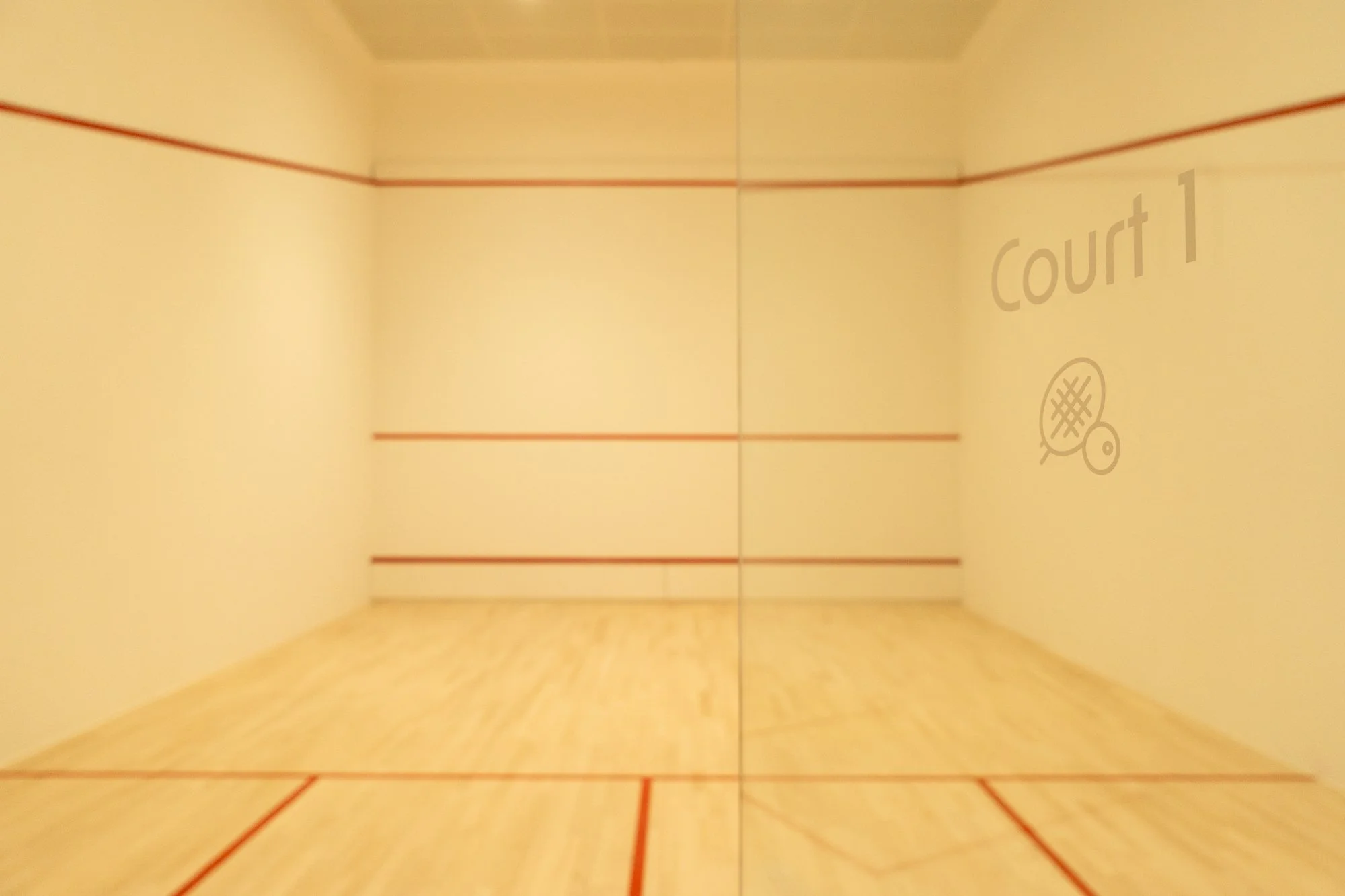 An indoor racquetball court with yellow walls, red boundary lines, and a wooden floor, labeled as 'Court 1'.
