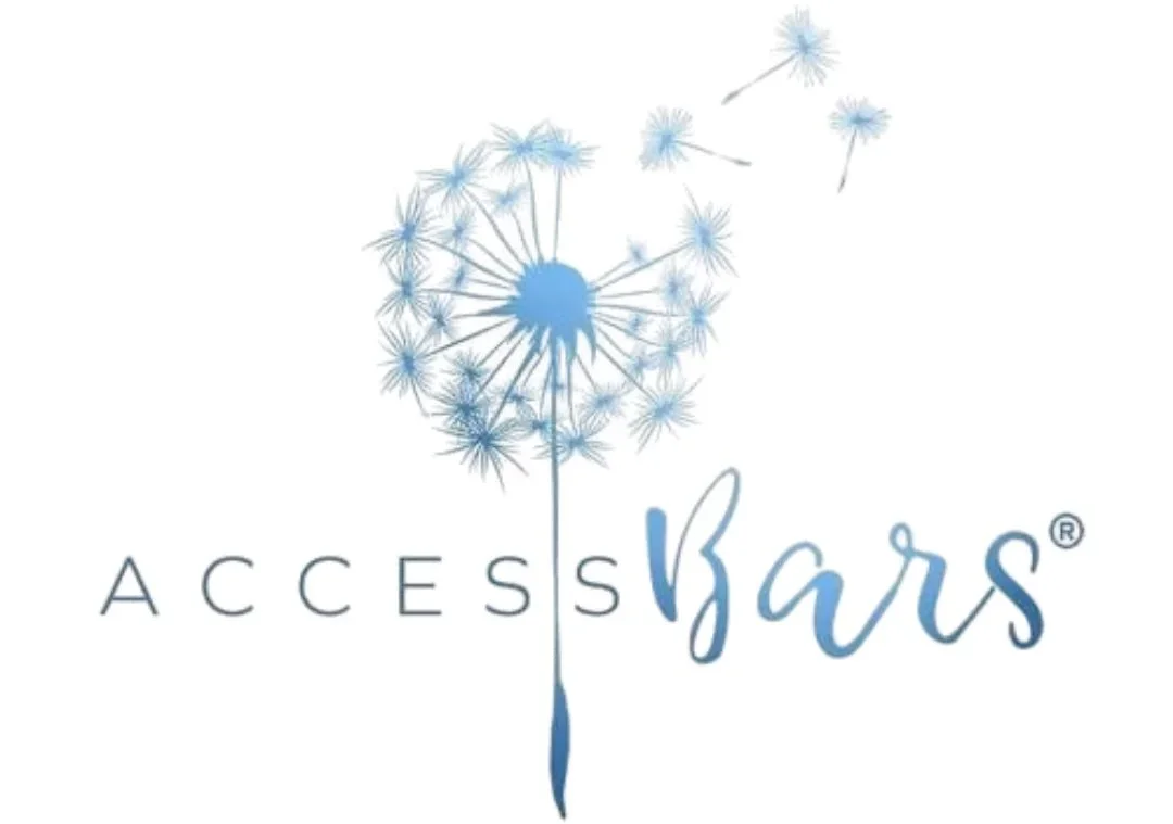 Logo with a dandelion flower in light blue, part of its seeds blowing away, with the text "access bars" in black and blue font.