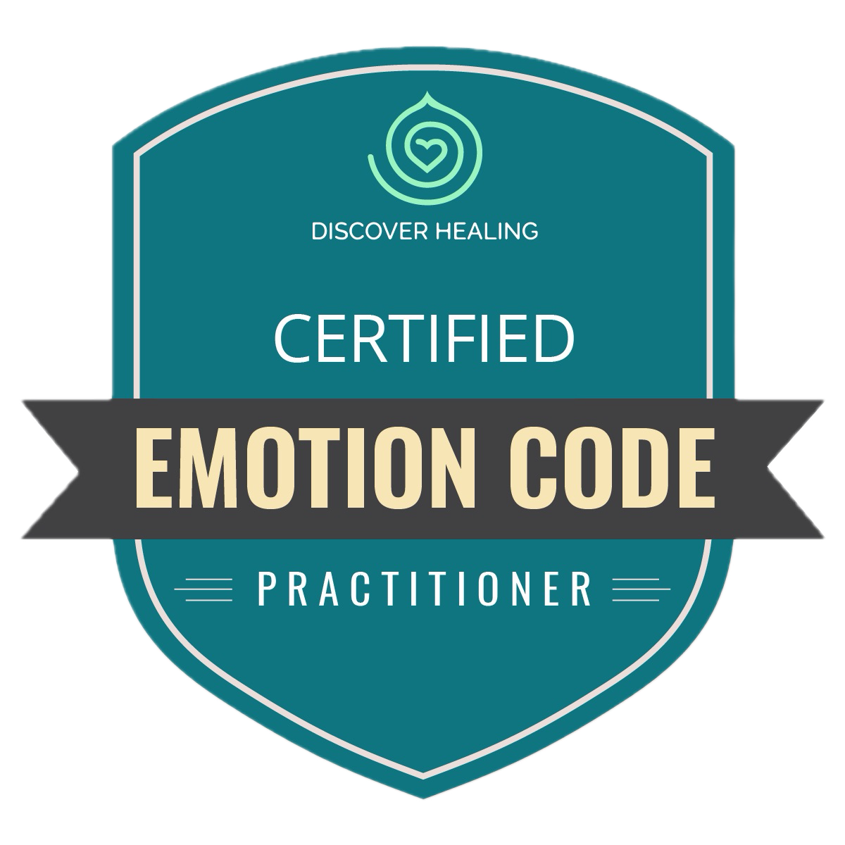 Badge with a teal shield shape that reads 'Certified Emotion Code Practitioner', with a banner across the center that says 'Emotion Code' and a smaller text above that says 'Discover Healing'.