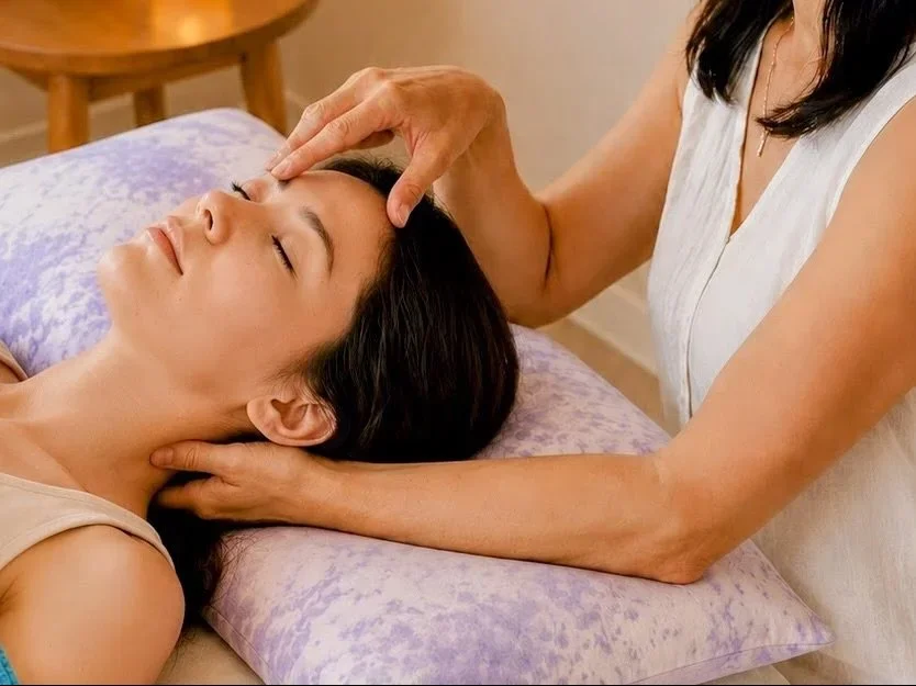 A woman receiving a Access Bars from a practitioner in a serene setting.