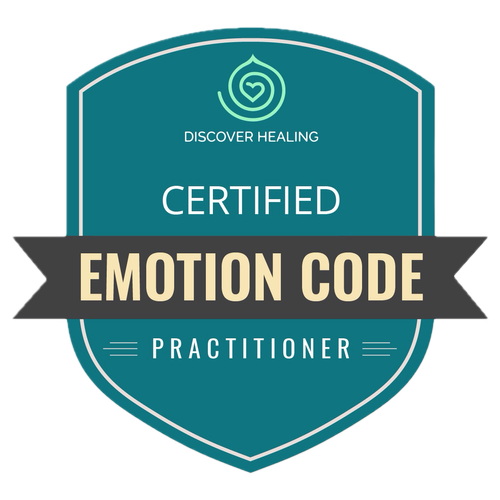 Badge or certificate with a teal shield shape and white and black text, featuring a small green heart with a circle around it at the top, indicating a certified emotional code practitioner.
