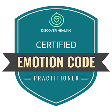Certified Emotion Code Practitioner badge with teal background and black banner.