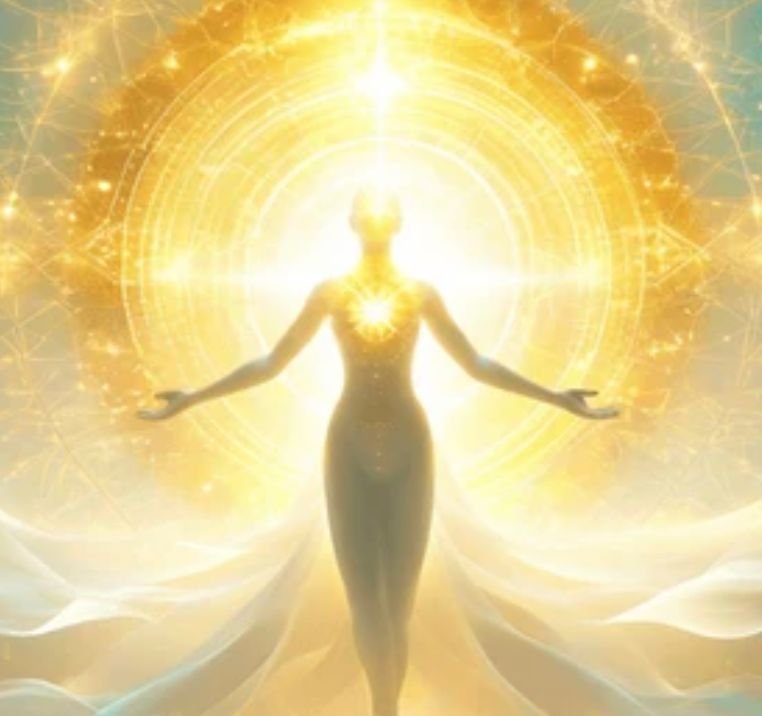 Standing female silhouette with her arms open surrounded by golden light
