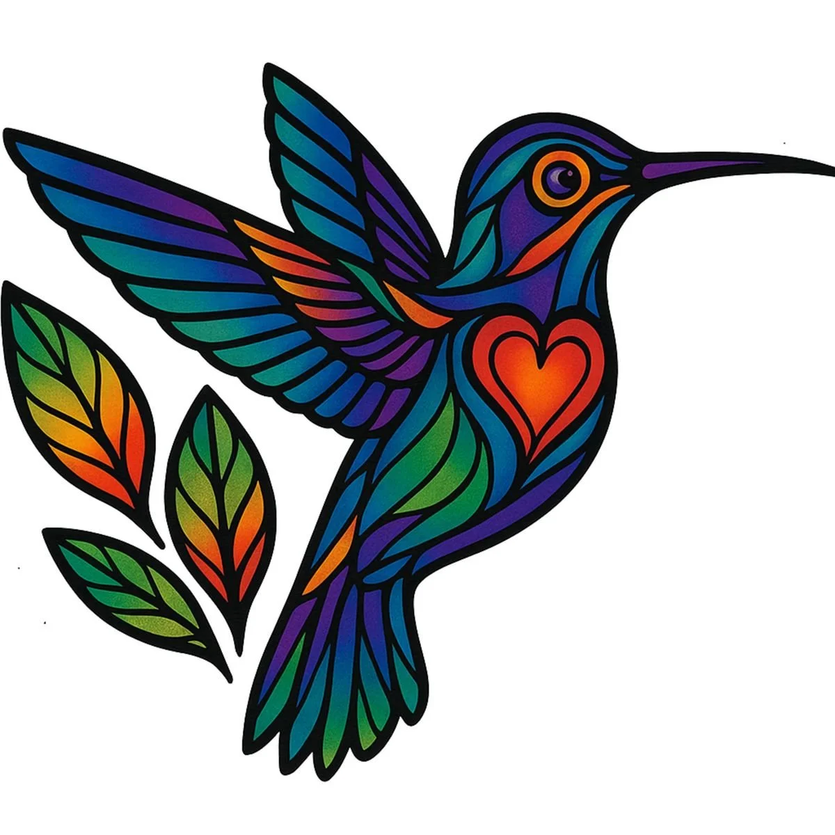 Colorful Hummingbird with a red heart on its chest and 3 leafs