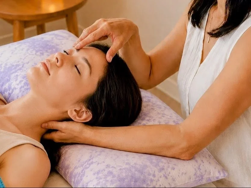 Woman receiving a facial massage from a therapist while lying down with eyes closed on a pillow.
