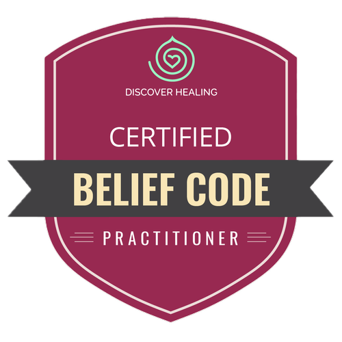 A badge with a maroon background and white border, featuring a teal heart symbol at the top, the words 'Discover Healing' beneath it, 'Certified' in large white letters, 'Belief Code' in bold beige letters on a black ribbon, and 'Practitioner' at the bottom in white, all on a black background.