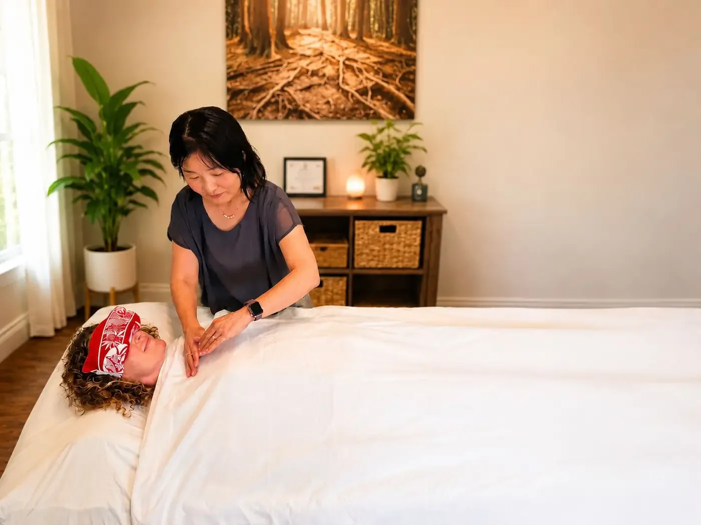 A female Reiki practitioner giving an energy healing session to another female lying in a massage table, with a forest picture on the wall behind them, two plants, and a wooden cabinet with decorative items in the background.
