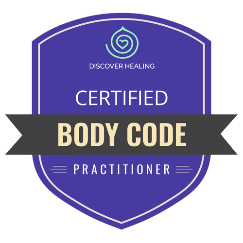 A badge with a purple background that says "Discover Healing, Certified Body Code Practitioner" in white and beige text with a heart logo at the top.