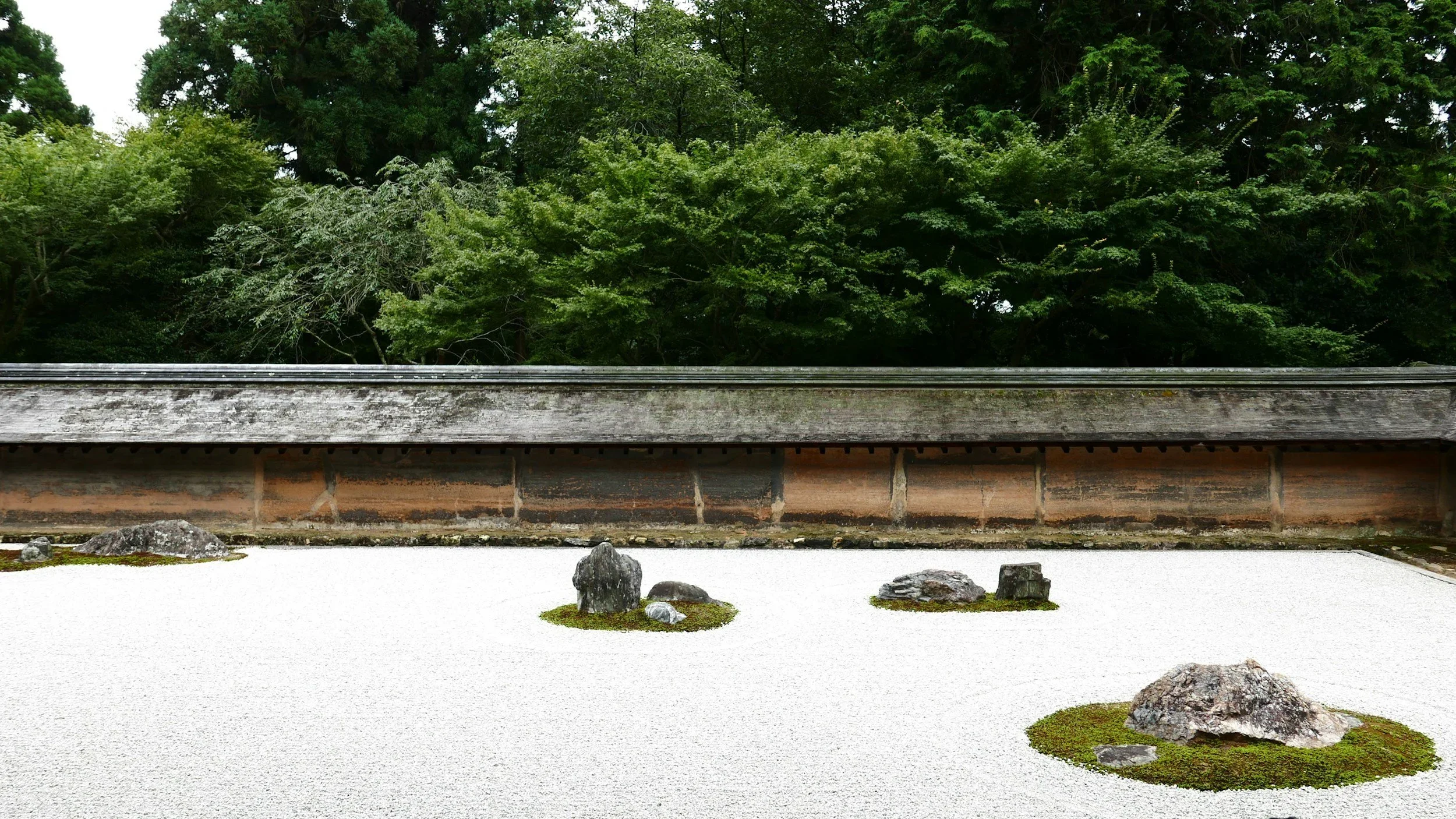 Japanese Zen garden with a wall in the background and sand and rocks in the forefront