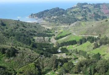 Scenic view of green rolling hills with trees and winding roads near a coastline with water and distant hills.