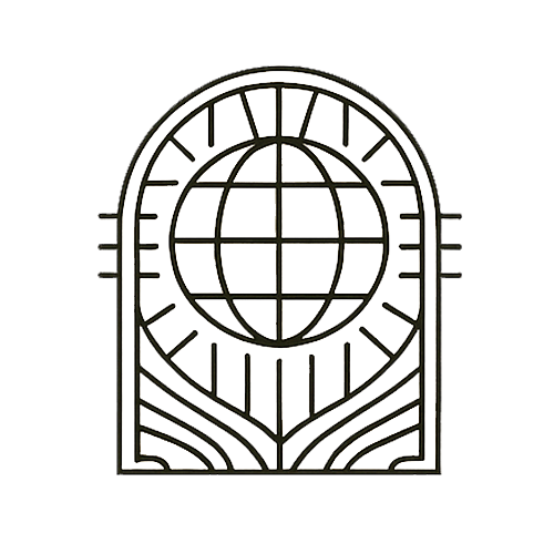 Outline of a clock with a globe at the center, featuring Roman numerals around the clock face.