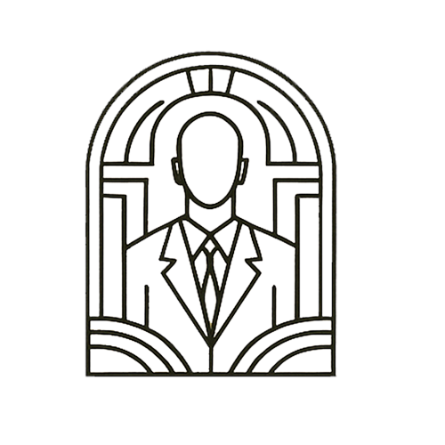 Outline of a faceless man in a suit and tie framed by an arched decorative border.