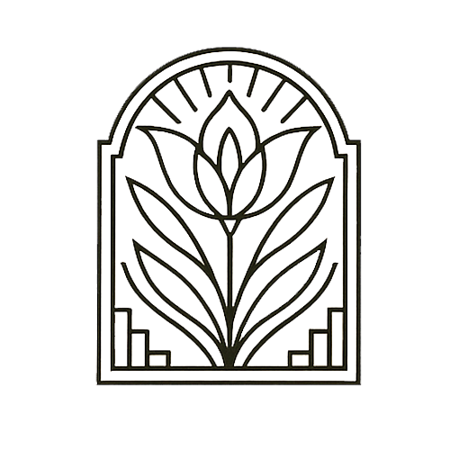 Line drawing of a lotus flower inside an arched frame with decorative elements at the bottom.