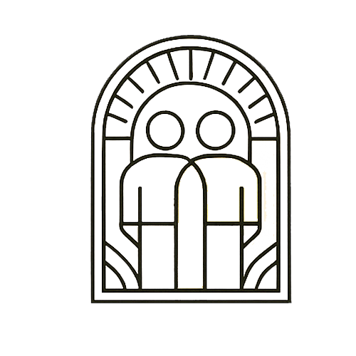 A stained glass window featuring a simplified ghost figure with two circular eyes, surrounded by an arched frame.