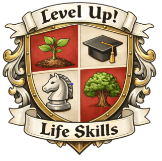 A shield emblem with a banner at the top that says "Level Up!" and a banner at the bottom that says "Life Skills." The shield is divided into four quadrants with a plant, a graduation cap, a white horse chess piece, and a tree.