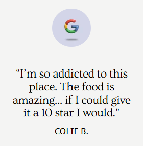 Google logo with a quote about food addiction and giving a 10-star review.