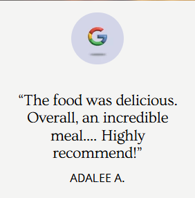A screenshot of a Google review highlighting a highly recommended meal, with the Google logo at the top and text praising the food.