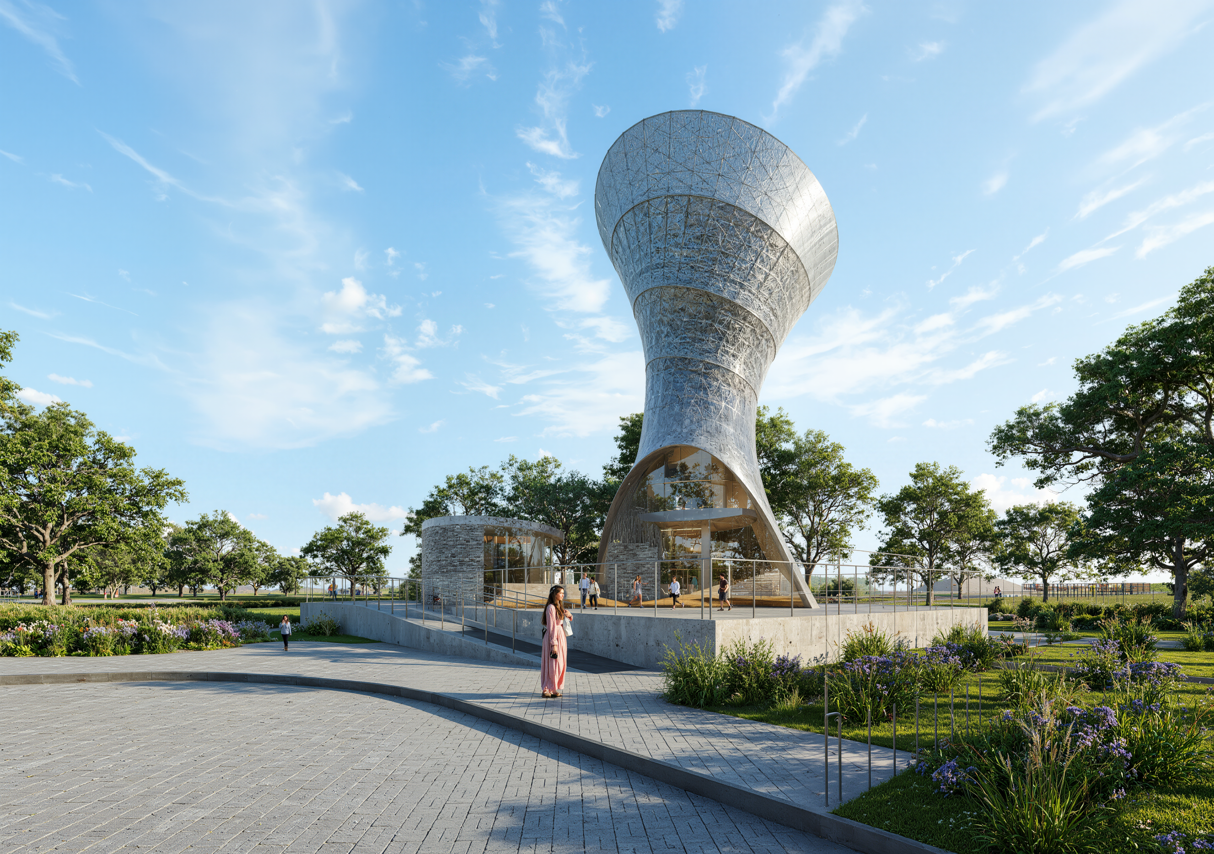 Modern, spiral-shaped observation tower made of glass and metal, surrounded by greenery, with people walking and a woman in a pink dress in the foreground.