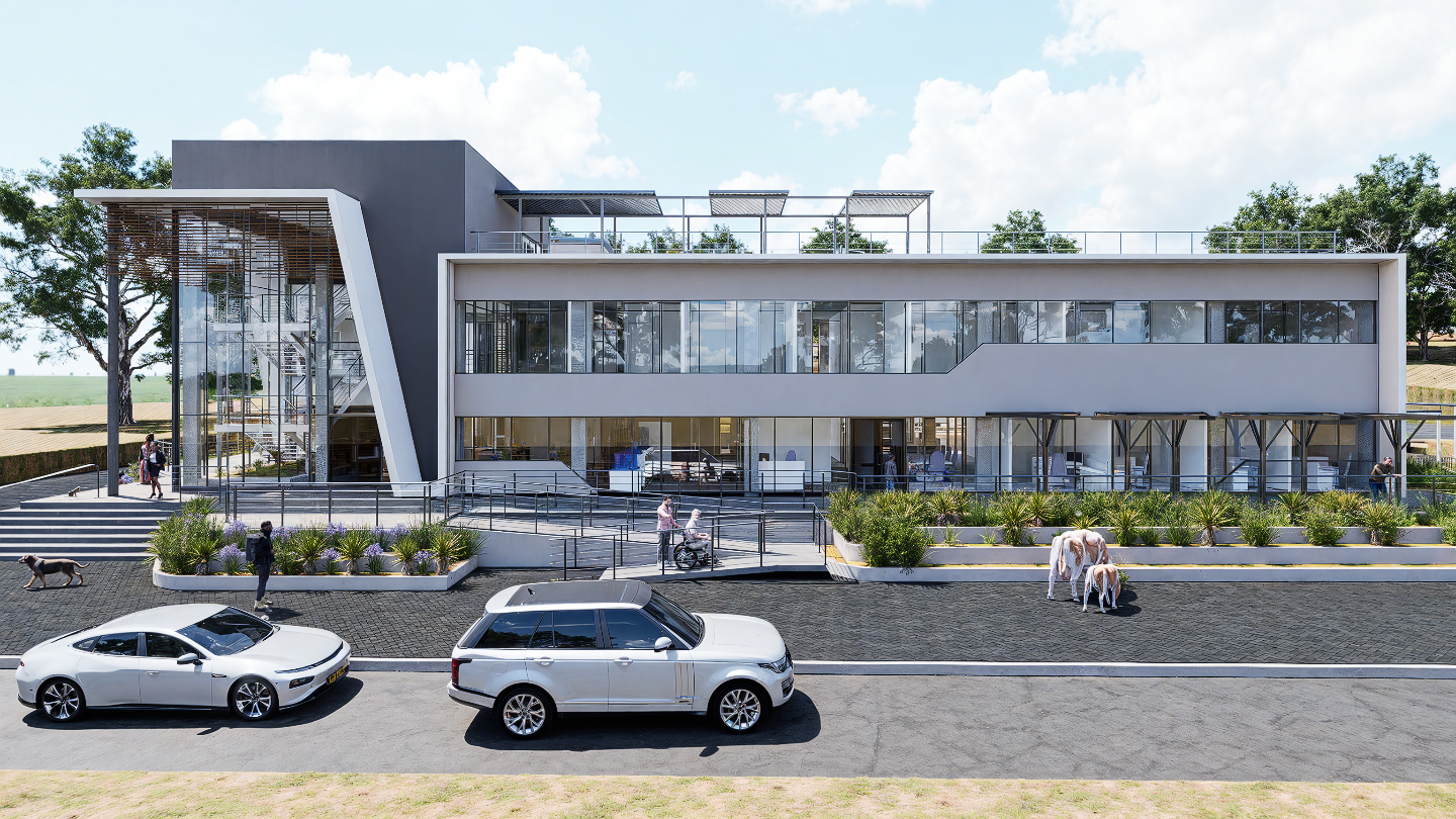 Modern multi-story building with large glass windows, surrounded by cars and outdoor landscaping, including plants and animals, under a partly cloudy sky.
