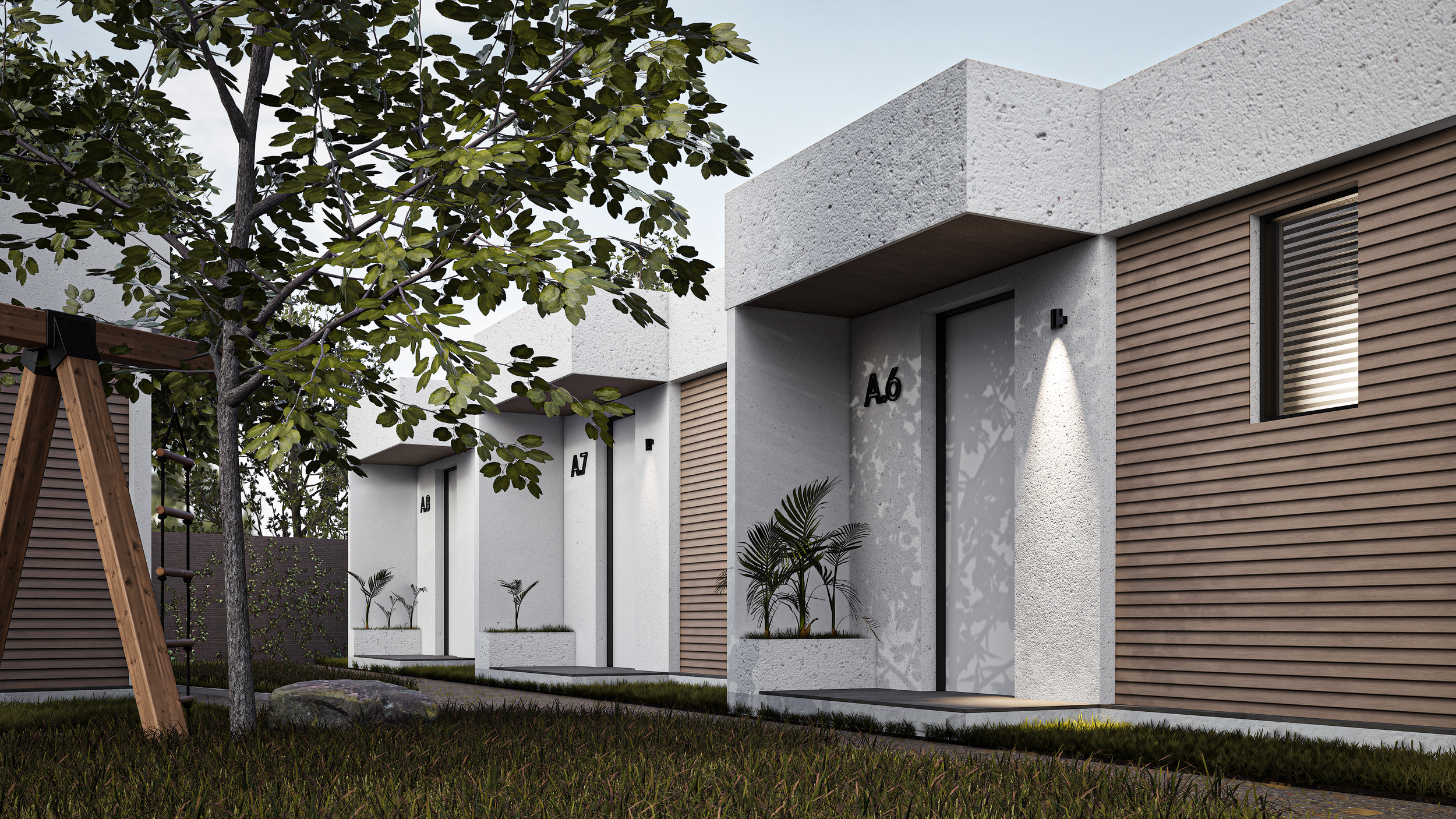 Modern residential building facades with white textured walls, wooden accents, potted plants, a tree, and a swing set in front.