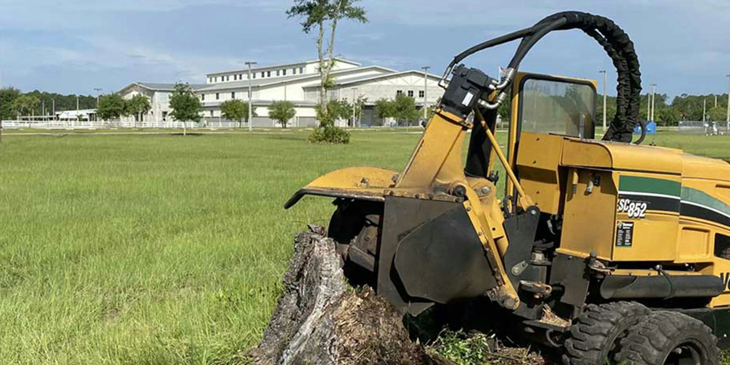 A yellow stump grinder is cutting down a dead tree in a grassy field with a large white building and trees in the background.