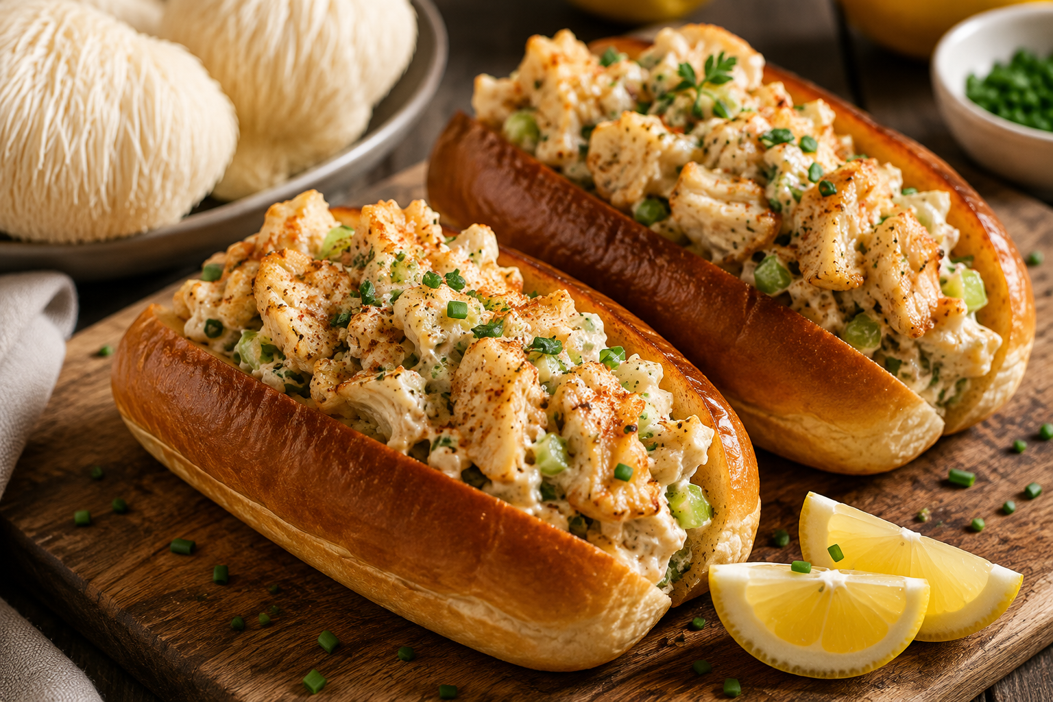 Lion’s Mane mushroom lobster rolls with fresh herbs and lemon on toasted brioche buns