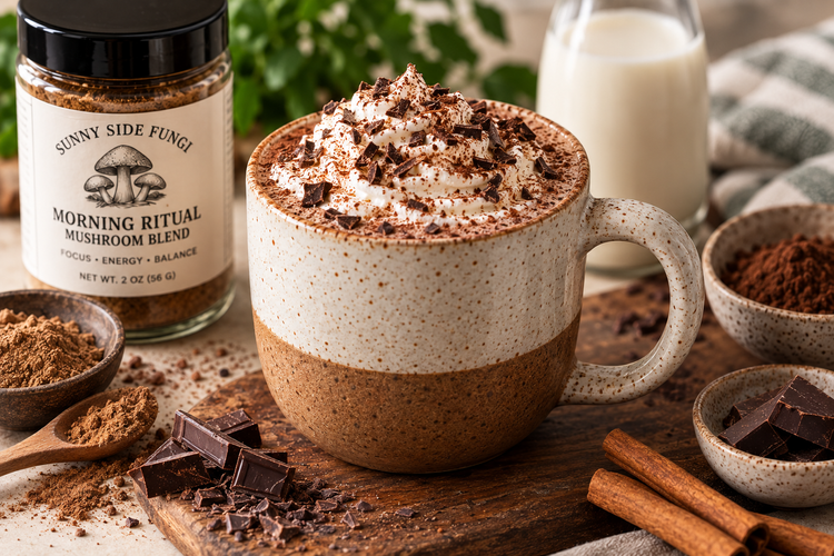 Morning Ritual mocha topped with whipped cream and cocoa beside a jar of Morning Ritual Mushroom Blend