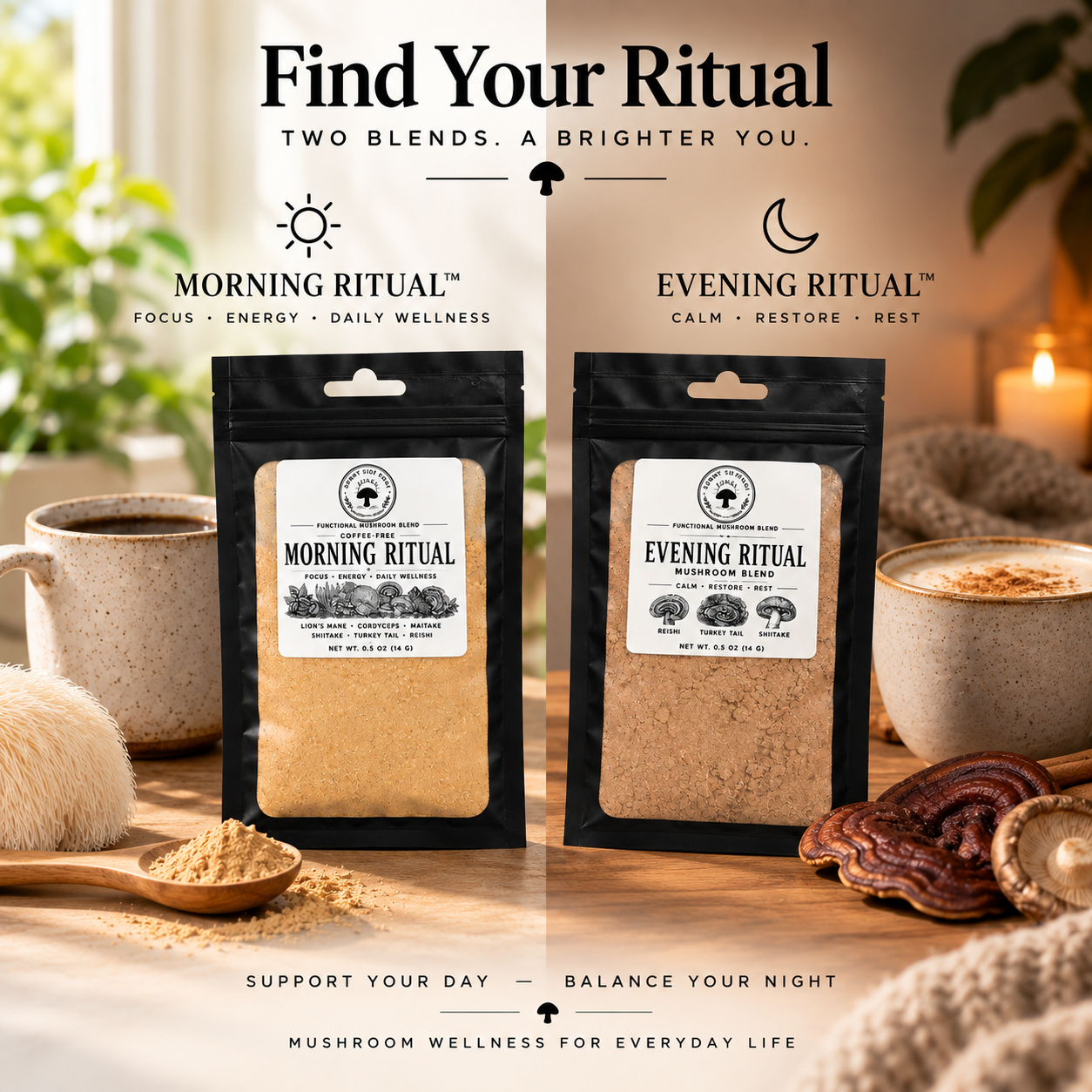 Morning Ritual and Evening Ritual mushroom blends for a morning and evening routine