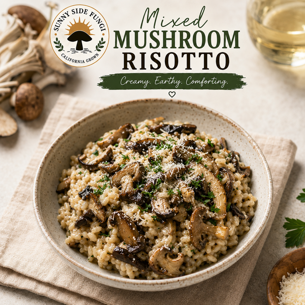 A bowl of mixed mushroom risotto garnished with parsley and grated cheese, with mushrooms and a glass of wine on a beige tablecloth.