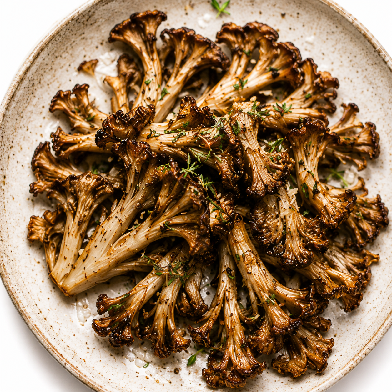 Roasted maitake mushrooms garnished with fresh herbs on a ceramic plate.