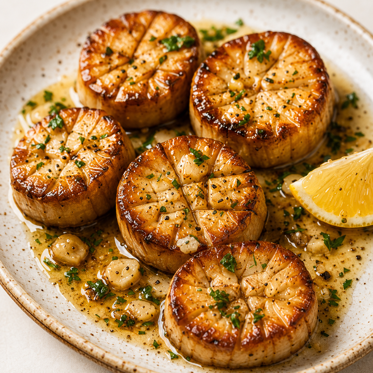 Seared scallops with garlic, parsley, black pepper, and lemon wedge on a white plate.