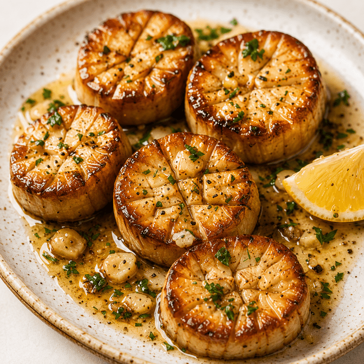 King oyster mushroom “scallops” seared golden with garlic, parsley and lemon